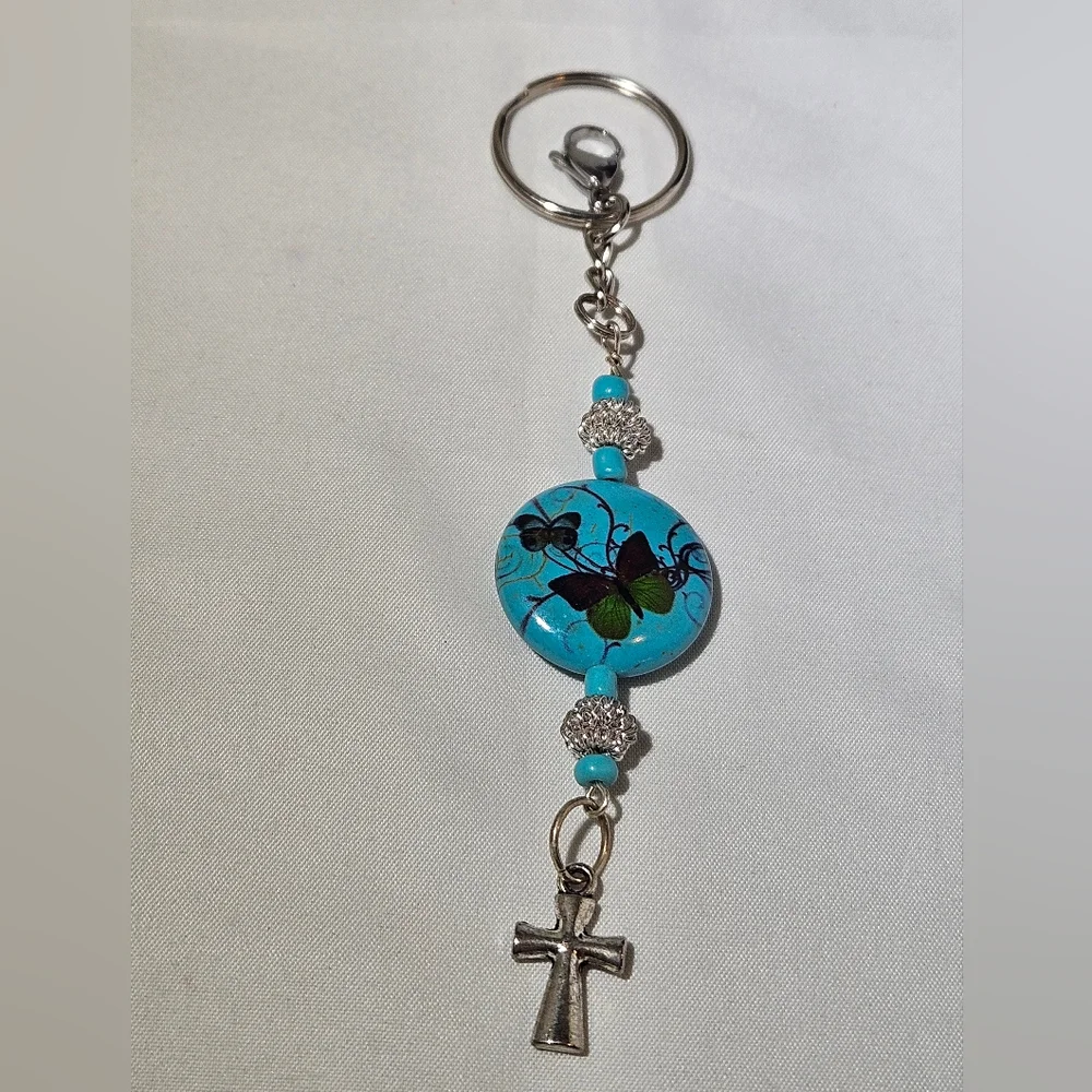 Handmade Turquoise Butterfly & Cross Keychain Charm